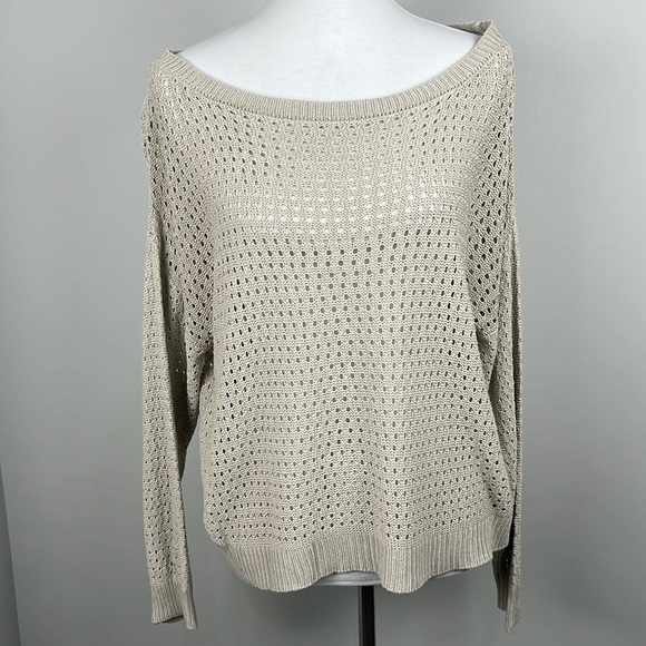 Pink Lily Open Knit Beige Sweater Sz M Coastal Boho  Festival Neutral Beachy - Picture 2 of 13